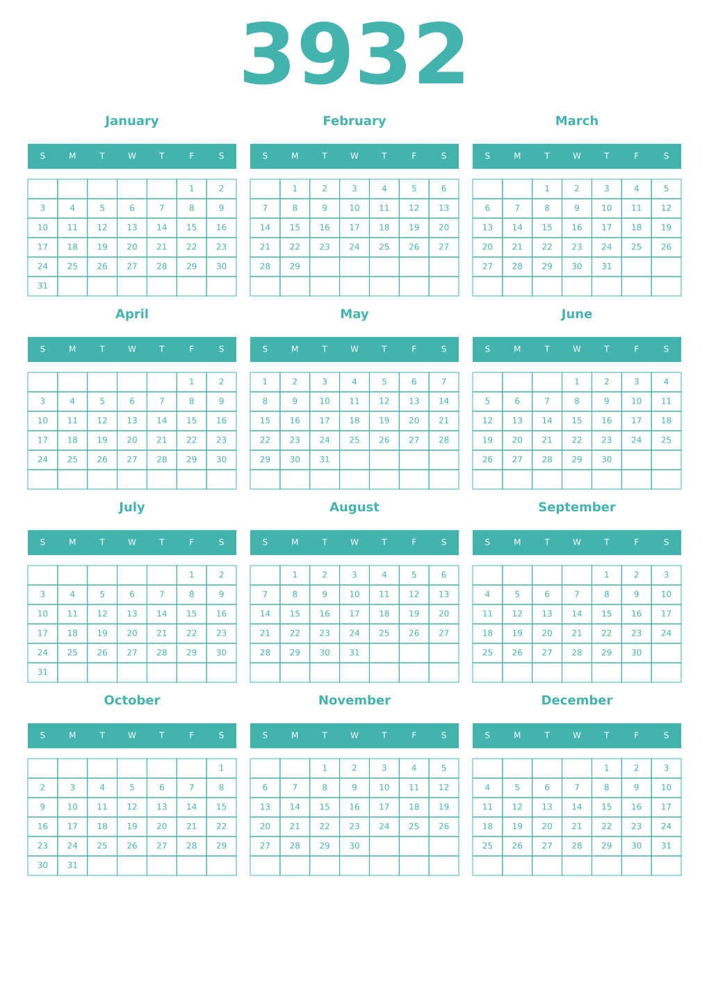 Printable 3932 Year Calendars verdigris