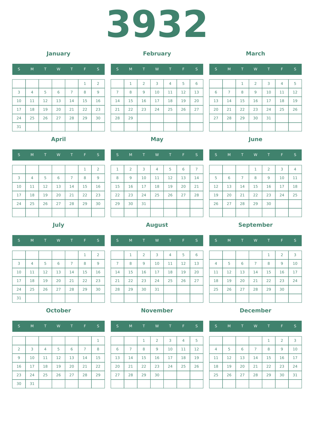 Printable 3932 Year Calendars viridian