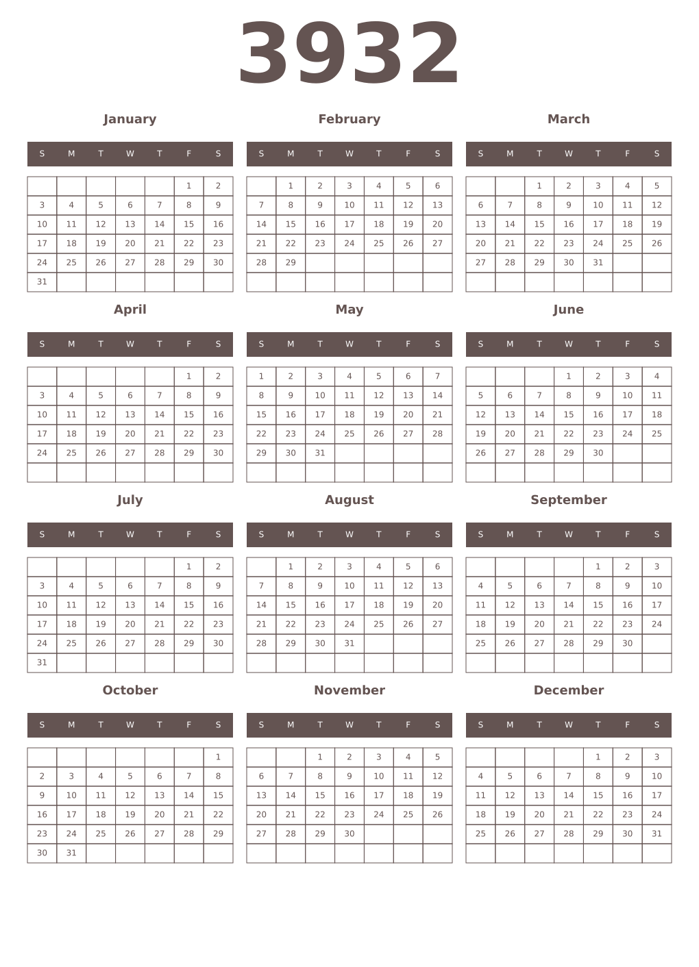 Printable 3932 Year Calendars wenge