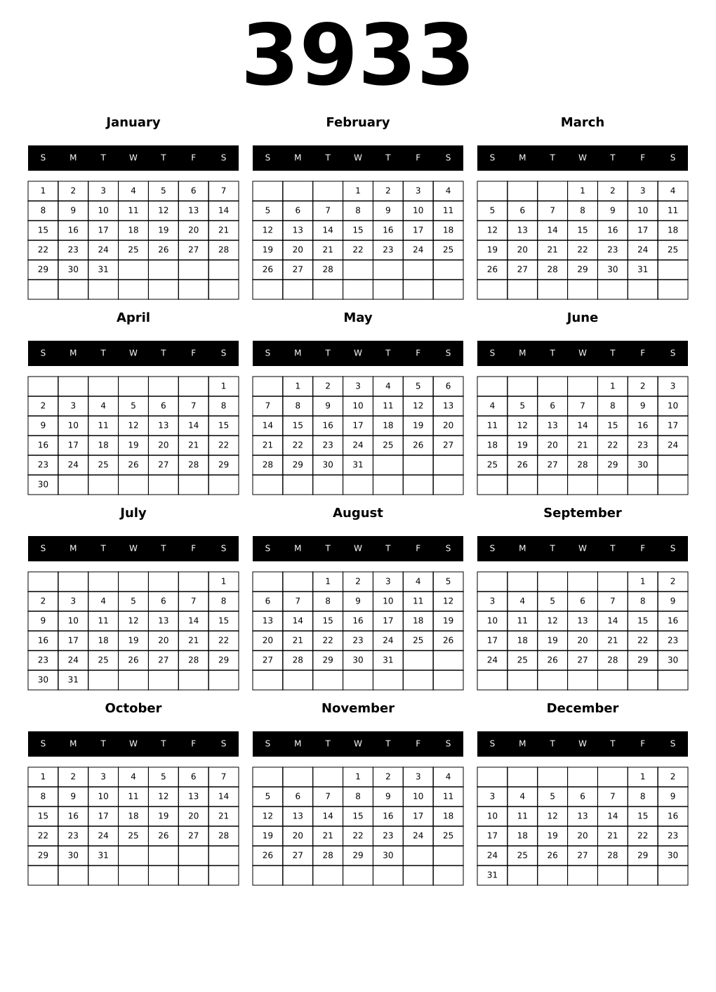 Printable 3933 Year Calendars black