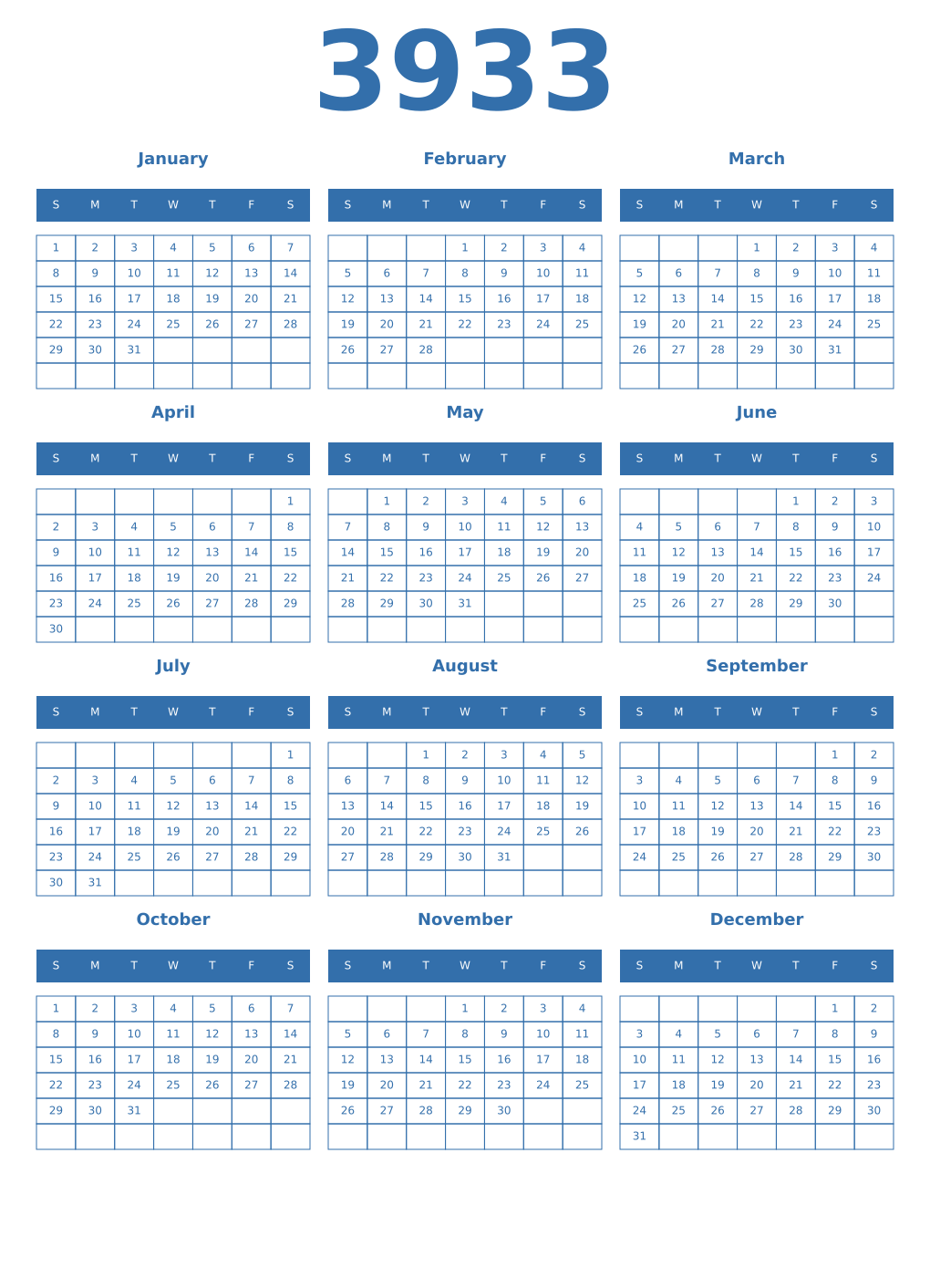 Printable 3933 Year Calendars blue