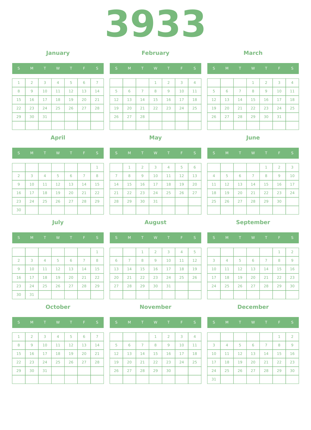Printable 3933 Year Calendars celadon