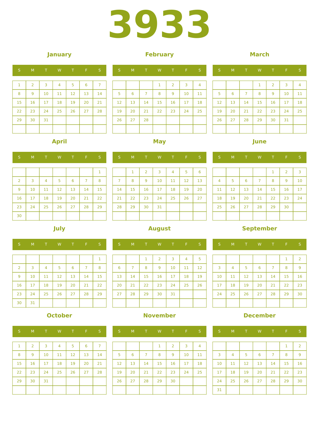 Printable 3933 Year Calendars chartreuse