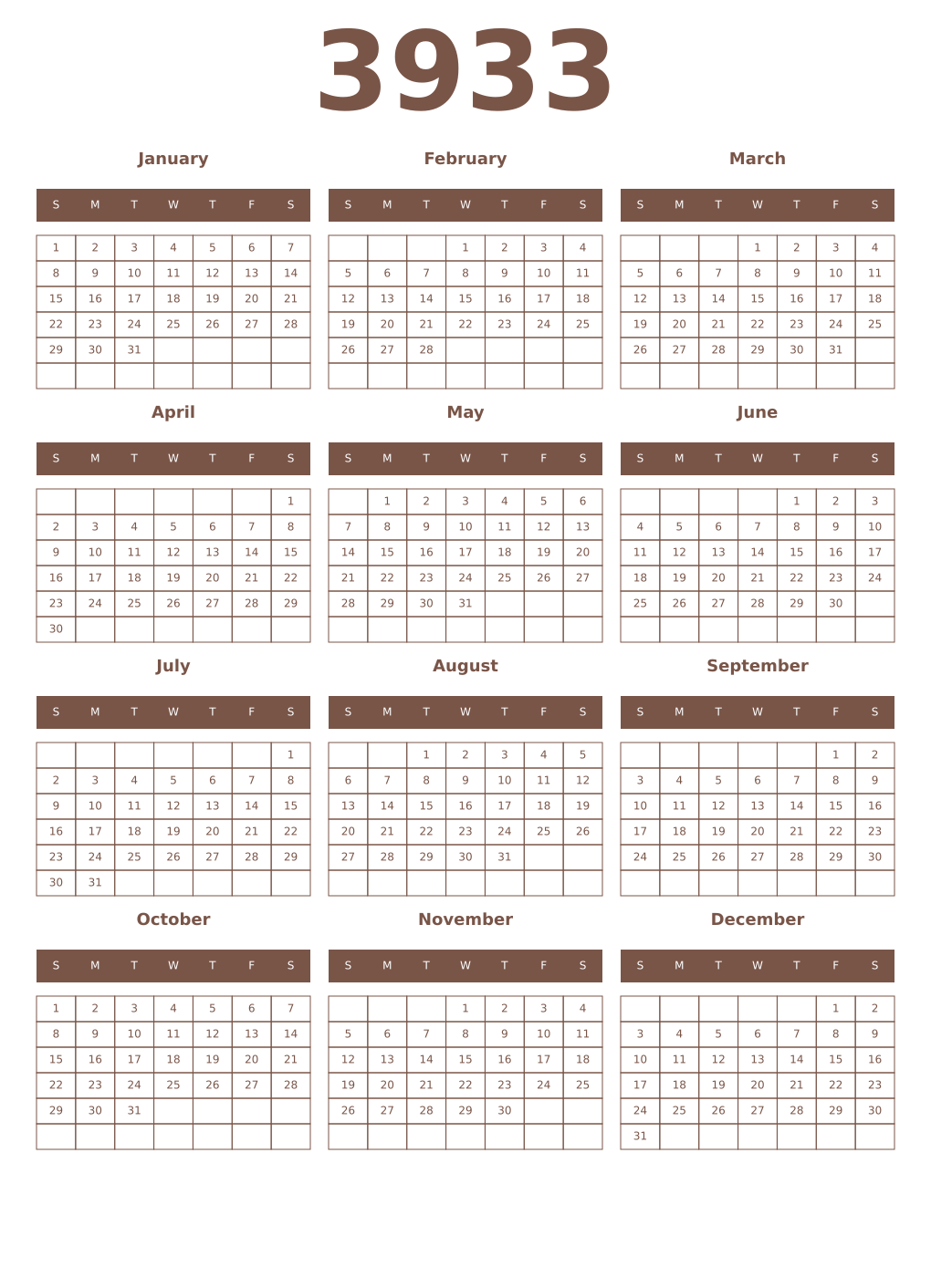 Printable 3933 Year Calendars coffe