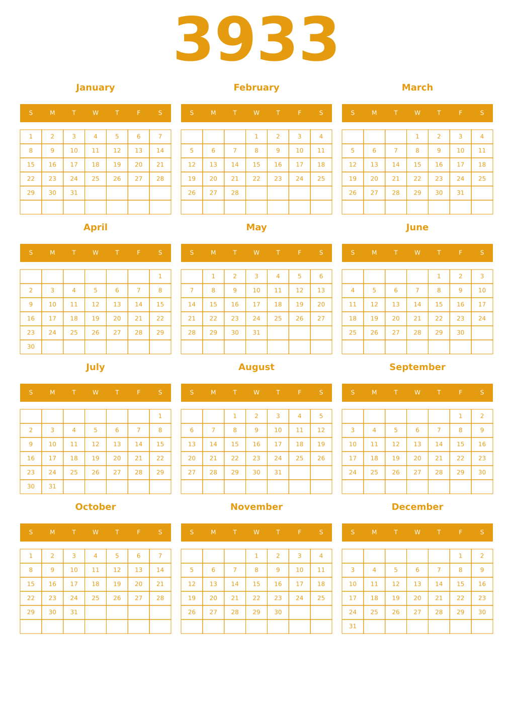 Printable 3933 Year Calendars gamboge