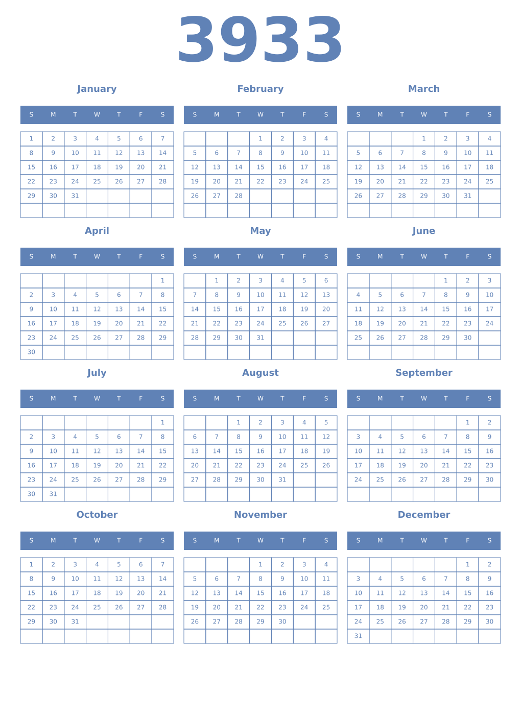 Printable 3933 Year Calendars glaucous