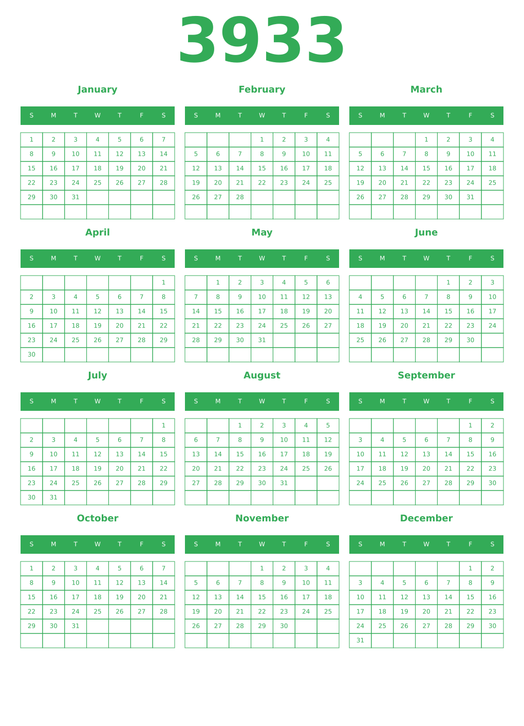 Printable 3933 Year Calendars green