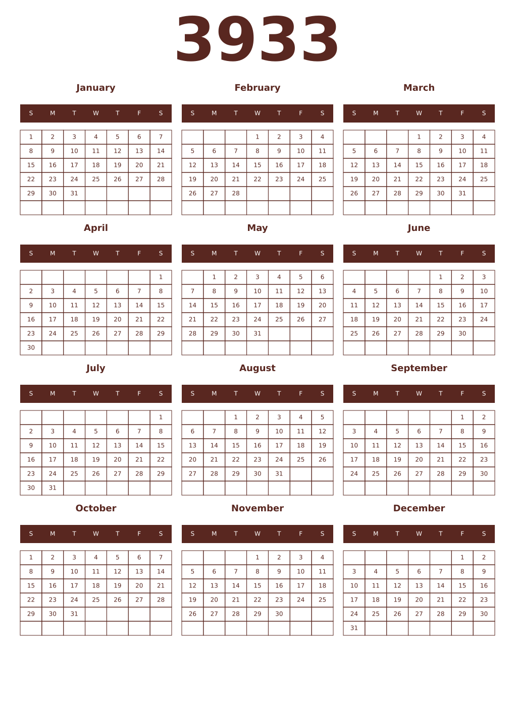 Printable 3933 Year Calendars mortuum