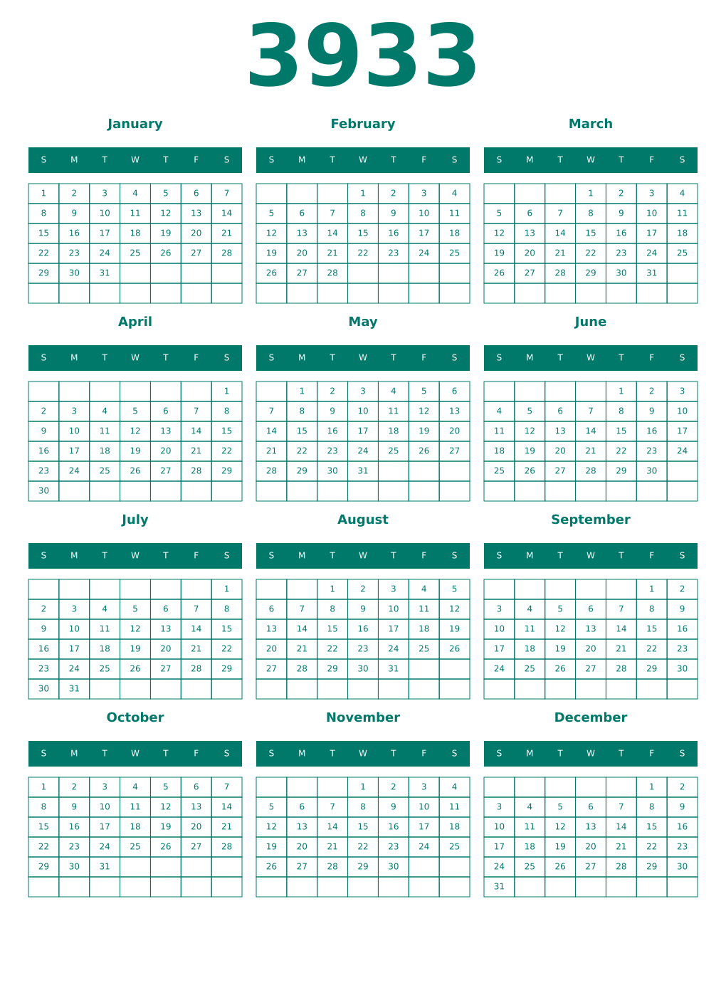 Printable 3933 Year Calendars pastel