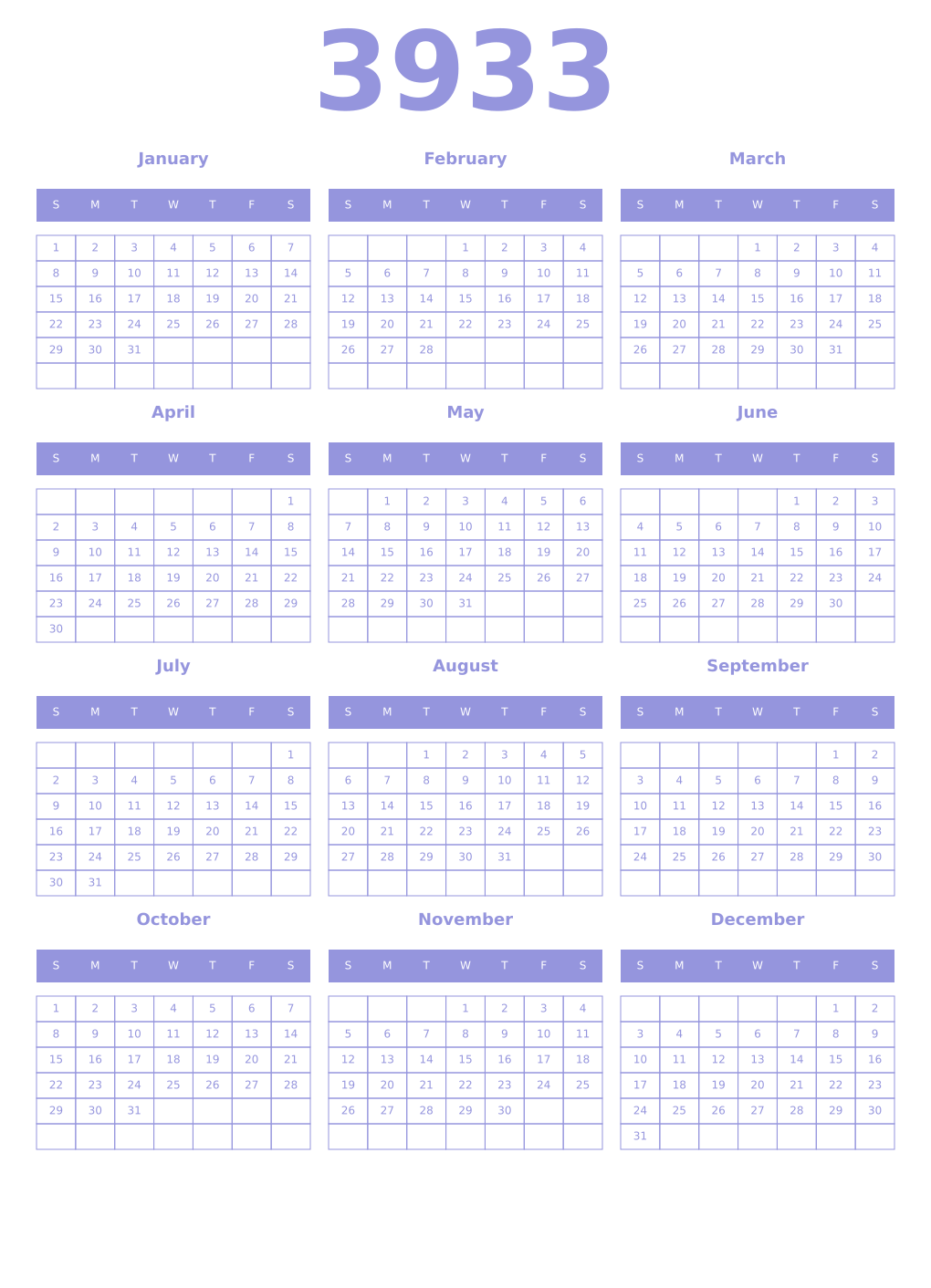 Printable 3933 Year Calendars periwinkle