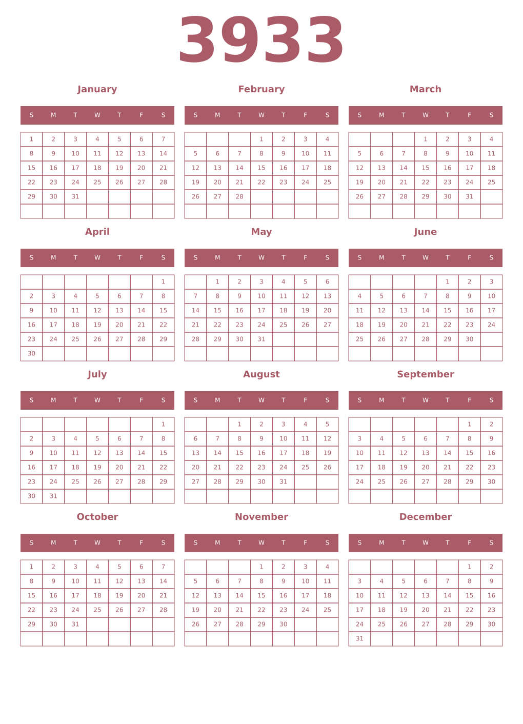 Printable 3933 Year Calendars puce