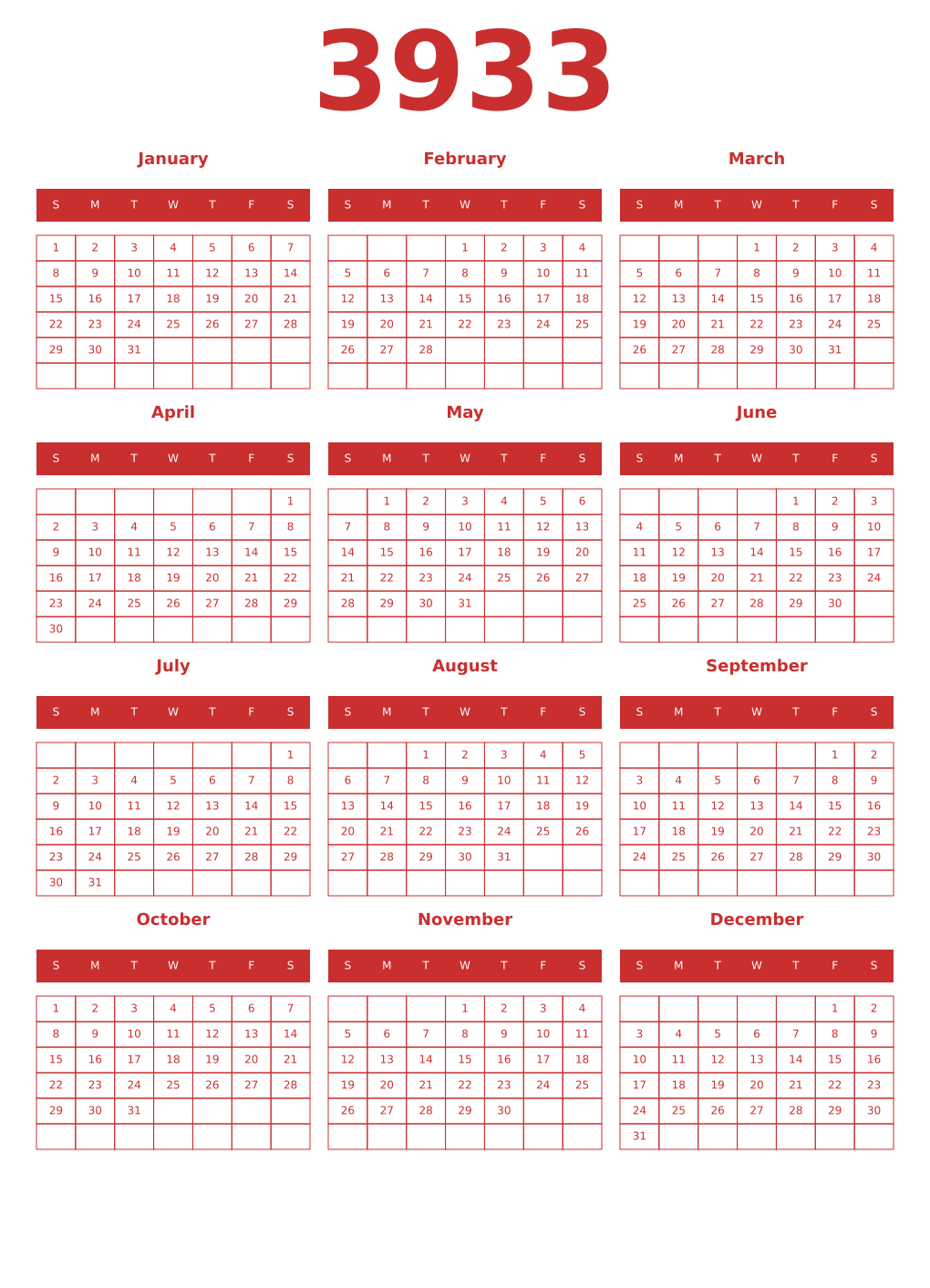 Printable 3933 Year Calendars red