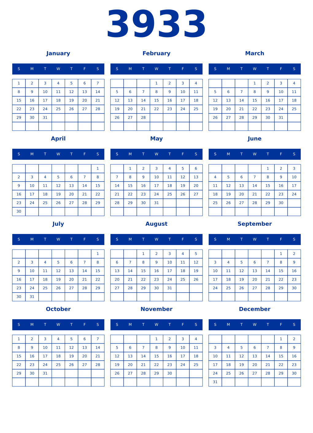 Printable 3933 Year Calendars smalt