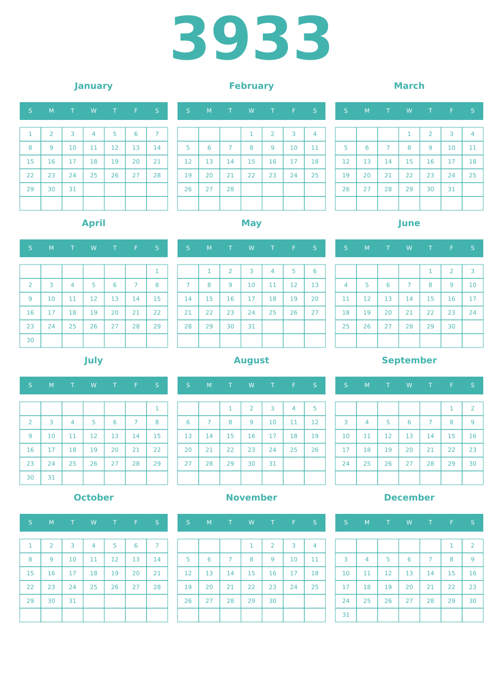 Printable 3933 Year Calendars verdigris