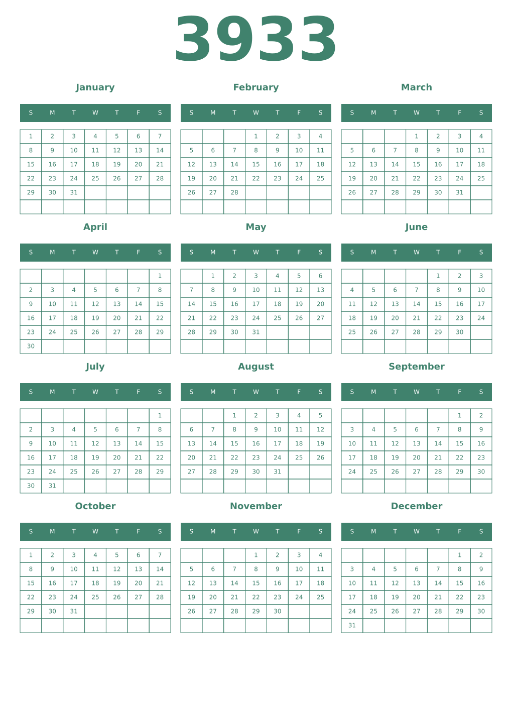 Printable 3933 Year Calendars viridian
