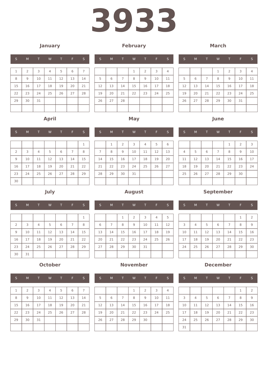 Printable 3933 Year Calendars wenge