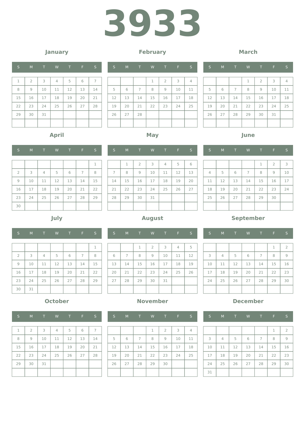 Printable 3933 Year Calendars xanadu