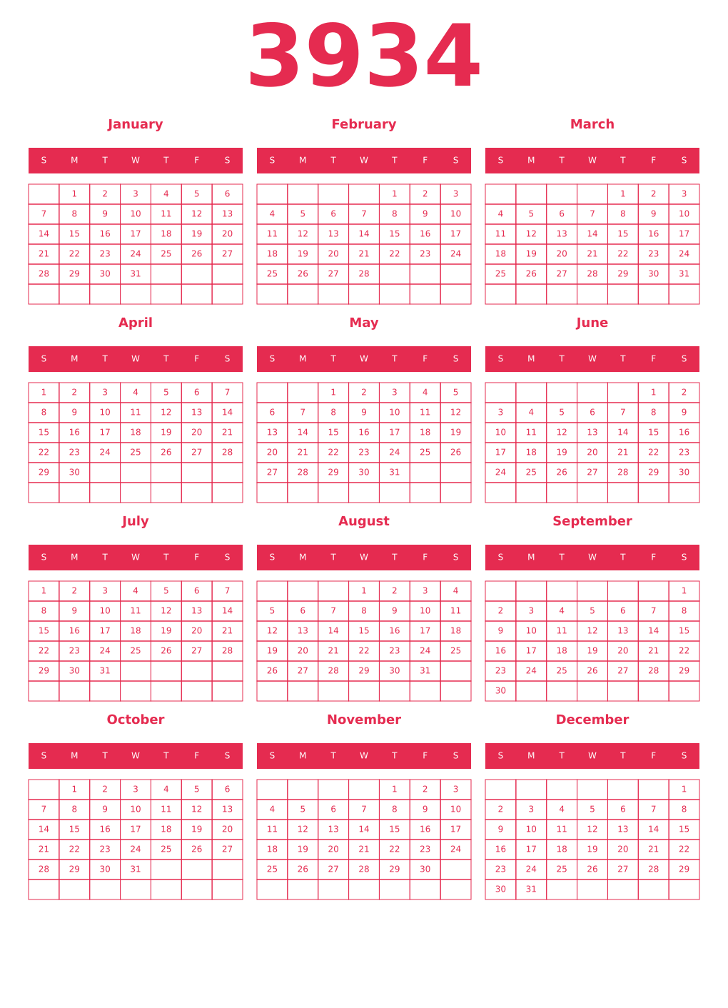 Printable 3934 Year Calendars amaranth