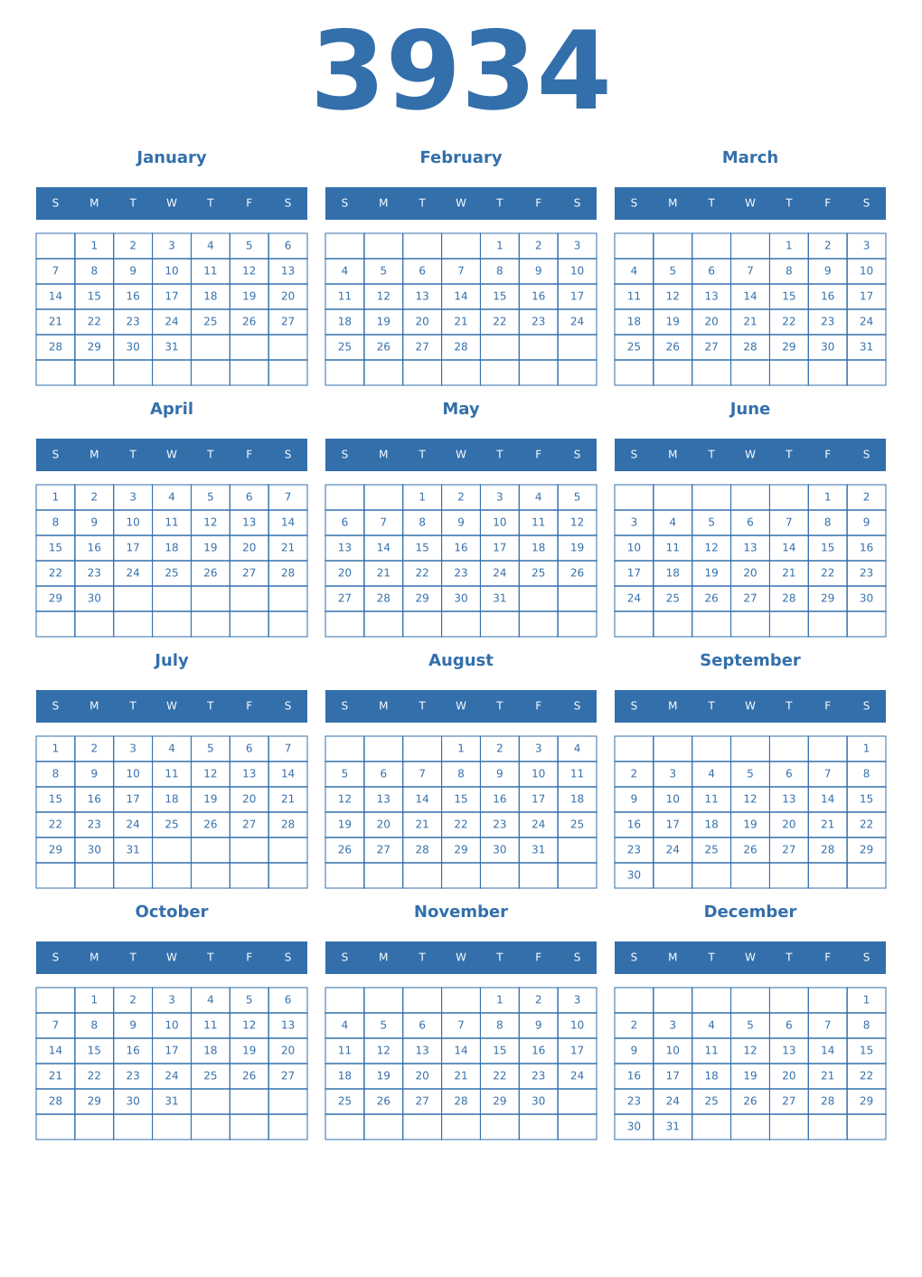 Printable 3934 Year Calendars blue