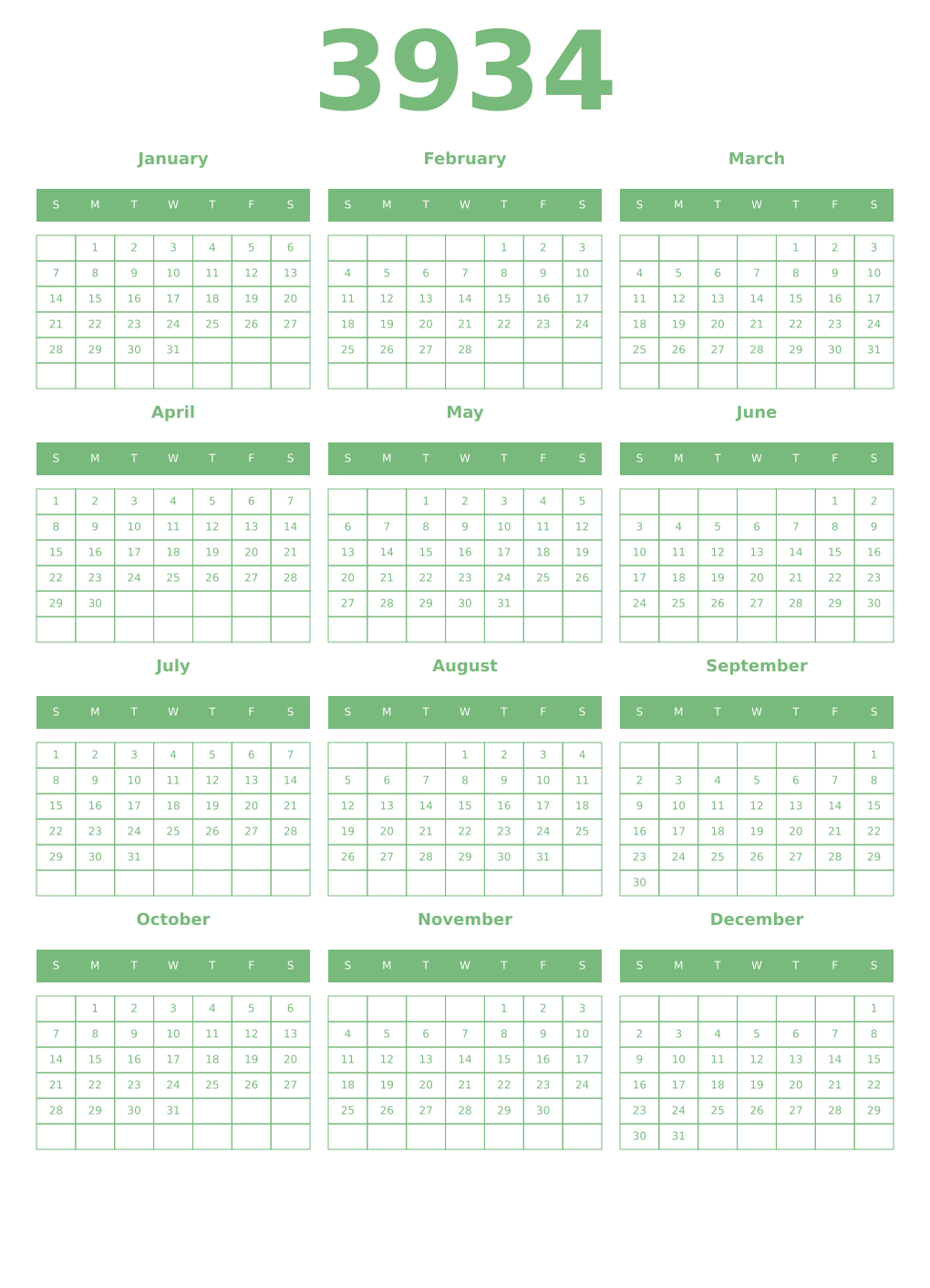 Printable 3934 Year Calendars celadon