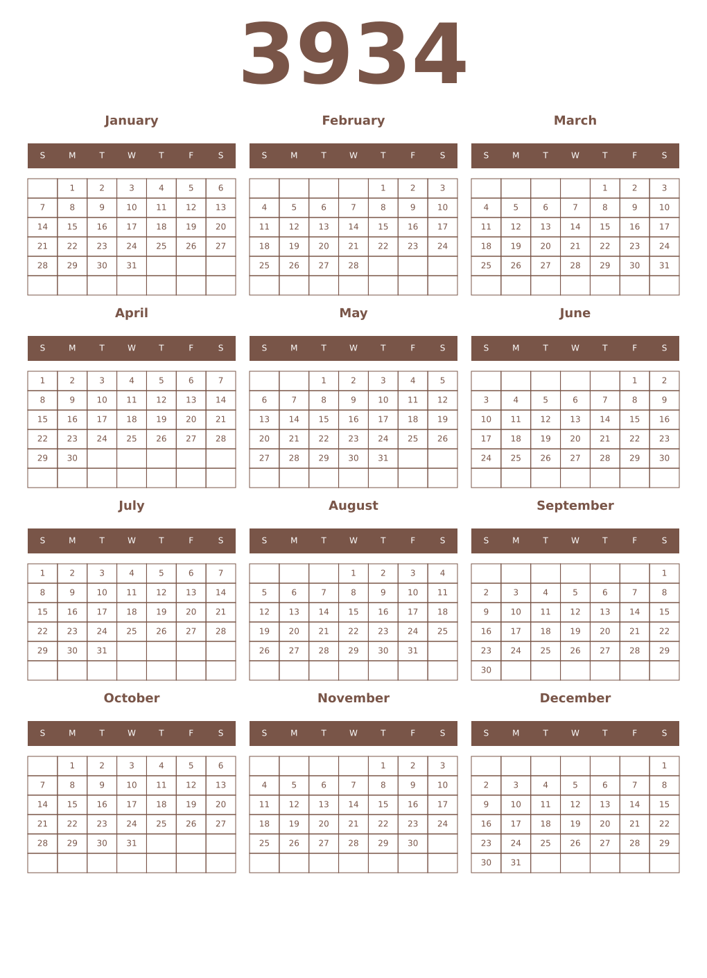 Printable 3934 Year Calendars coffe