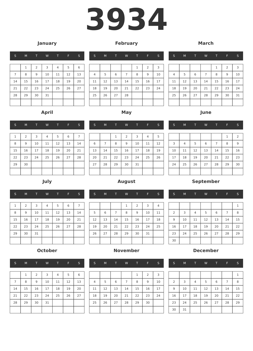 Printable 3934 Year Calendars dark