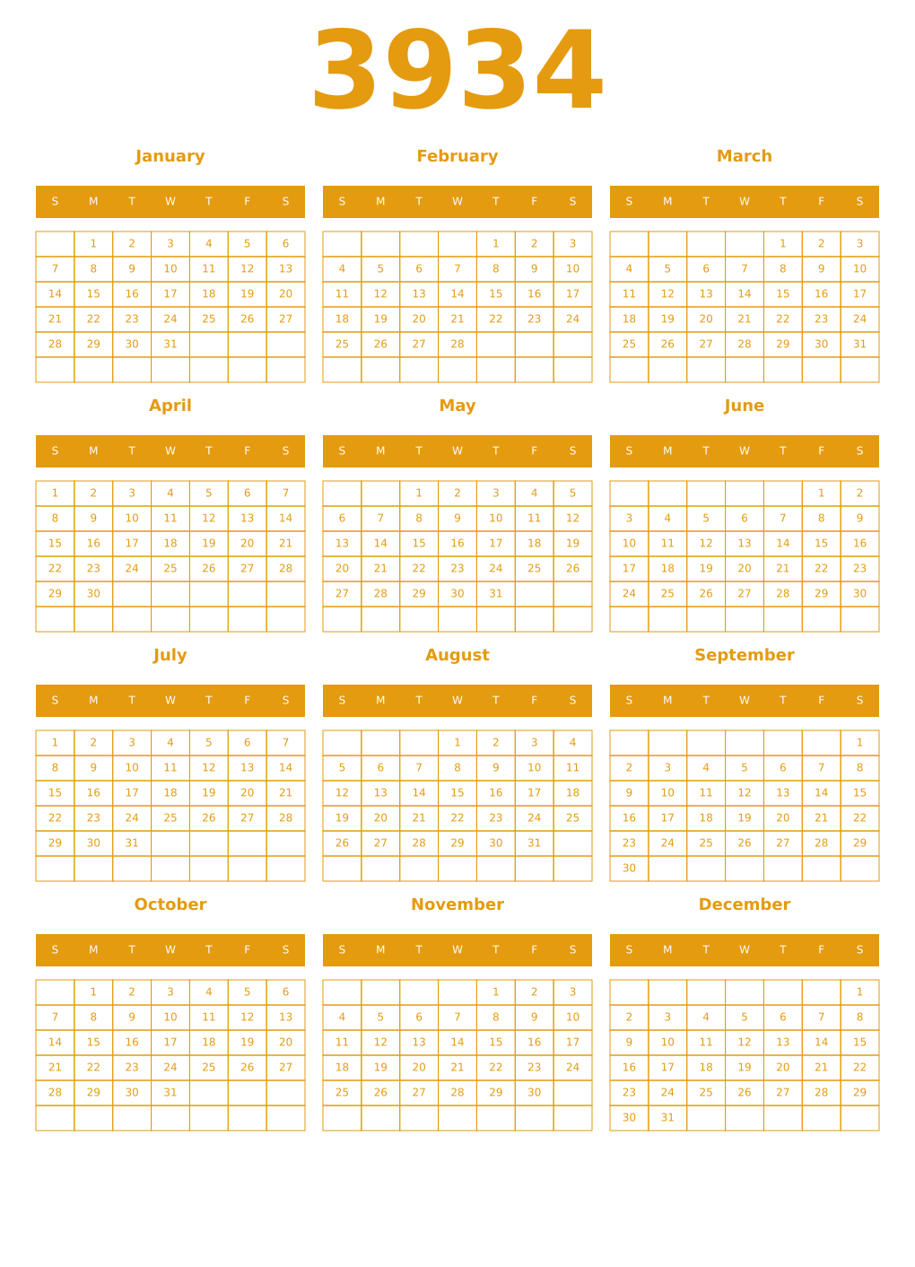 Printable 3934 Year Calendars gamboge