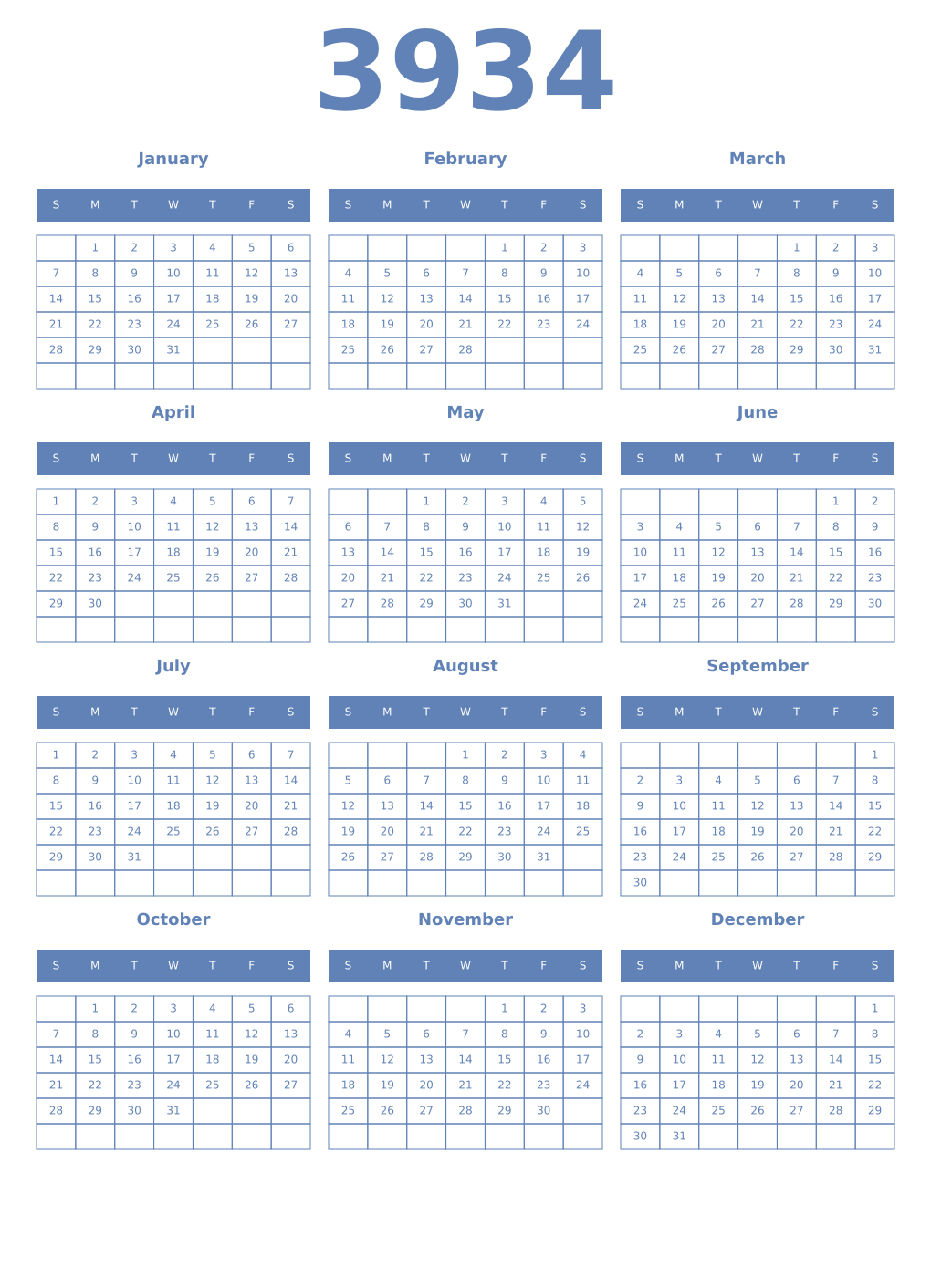 Printable 3934 Year Calendars glaucous