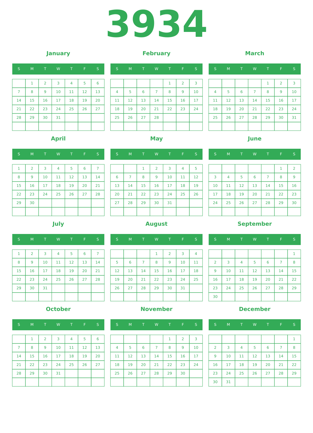 Printable 3934 Year Calendars green