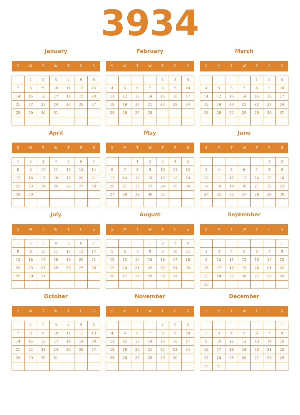 Printable 3934 Year Calendars orange
