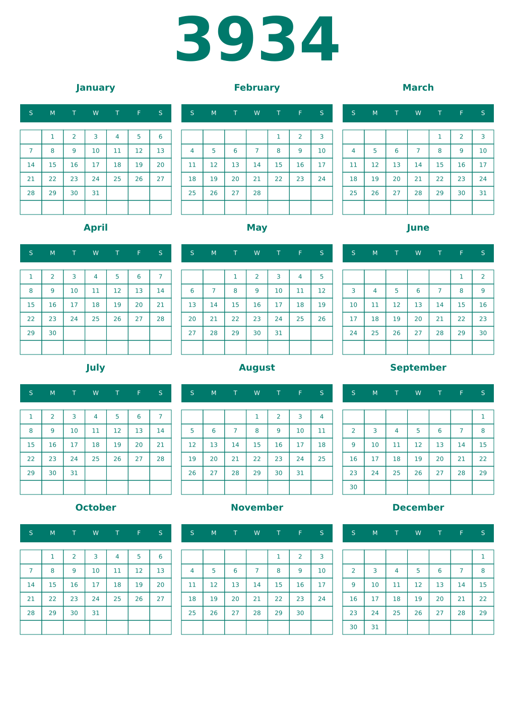 Printable 3934 Year Calendars pastel