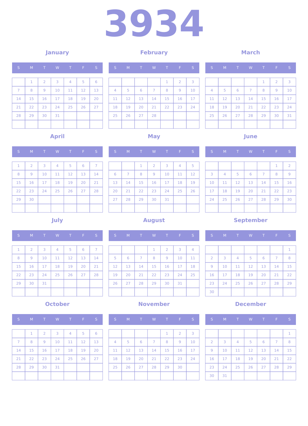 Printable 3934 Year Calendars periwinkle