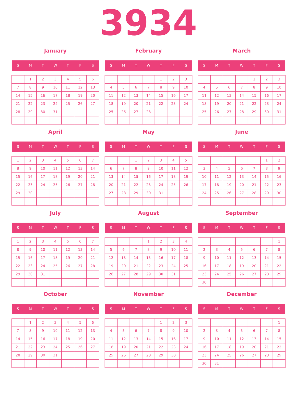 Printable 3934 Year Calendars pink