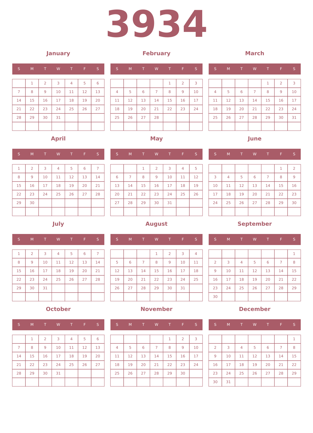 Printable 3934 Year Calendars puce