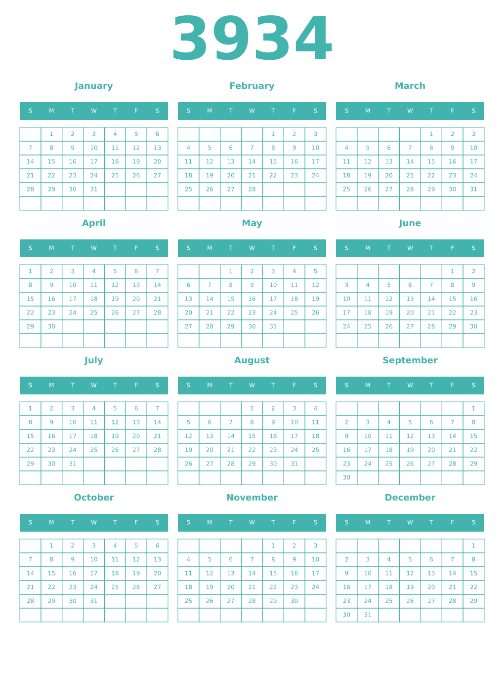 Printable 3934 Year Calendars verdigris
