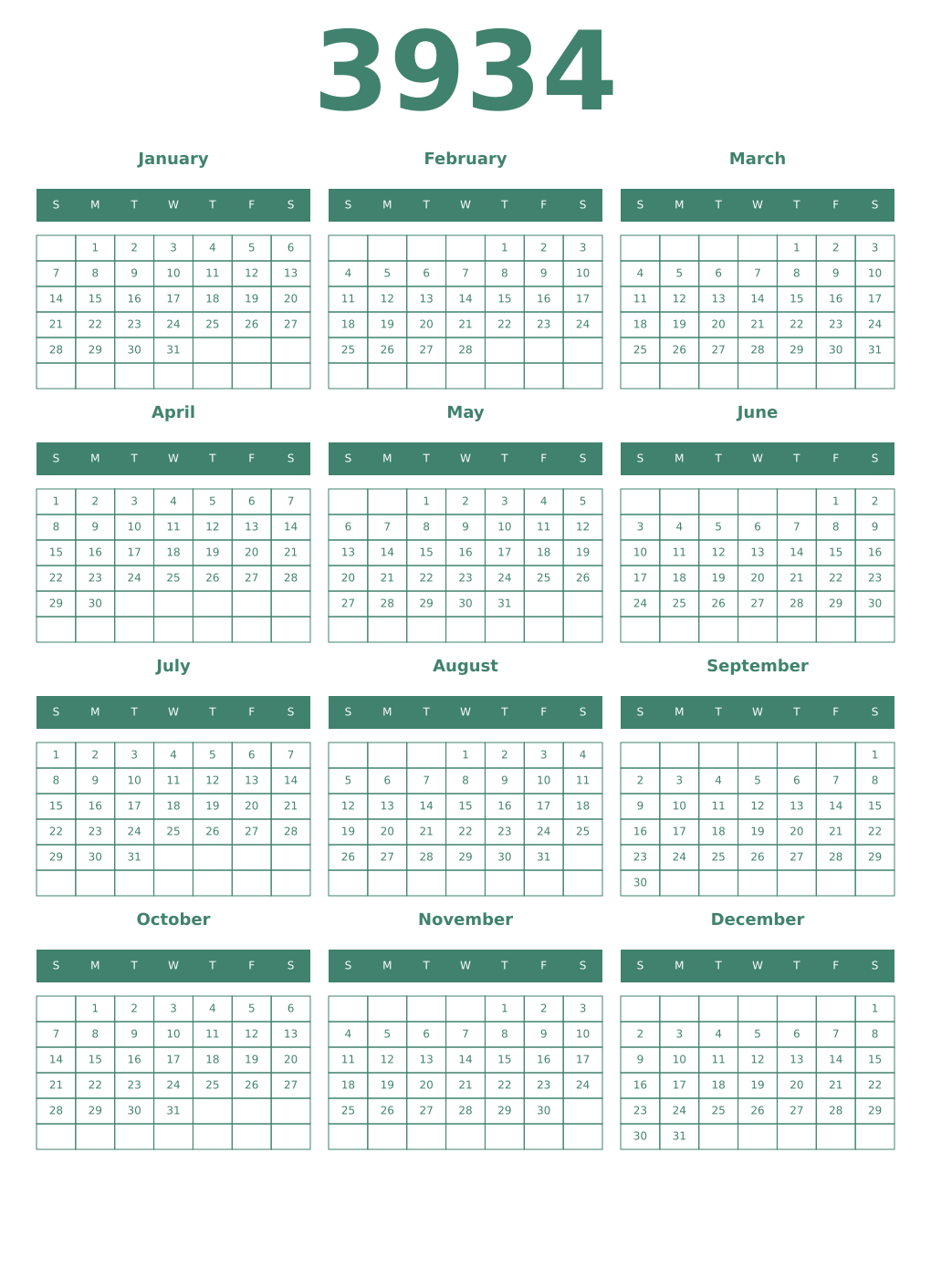 Printable 3934 Year Calendars viridian