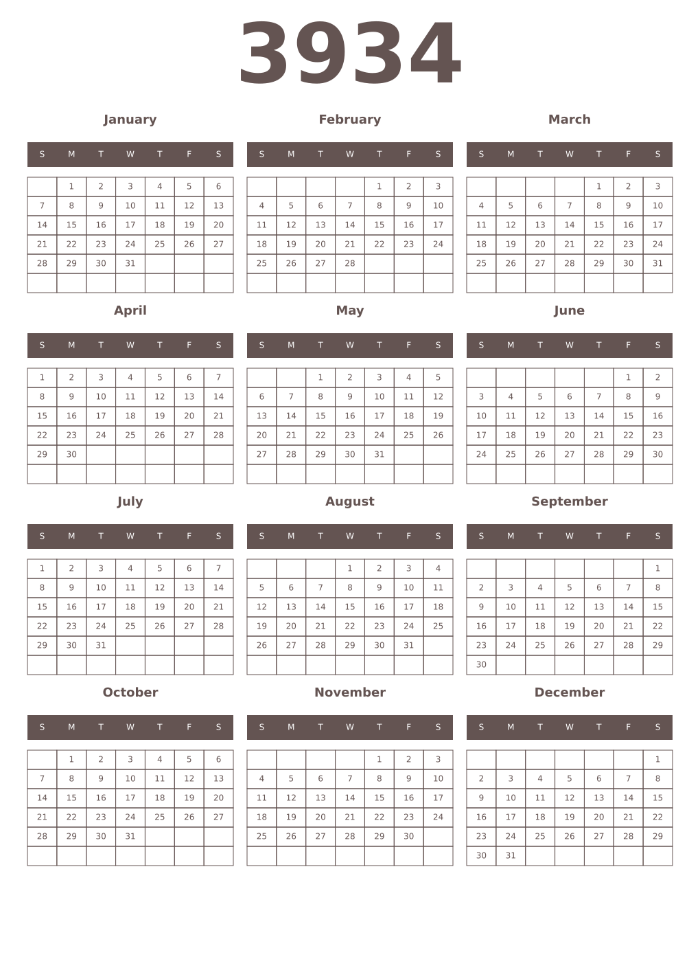 Printable 3934 Year Calendars wenge