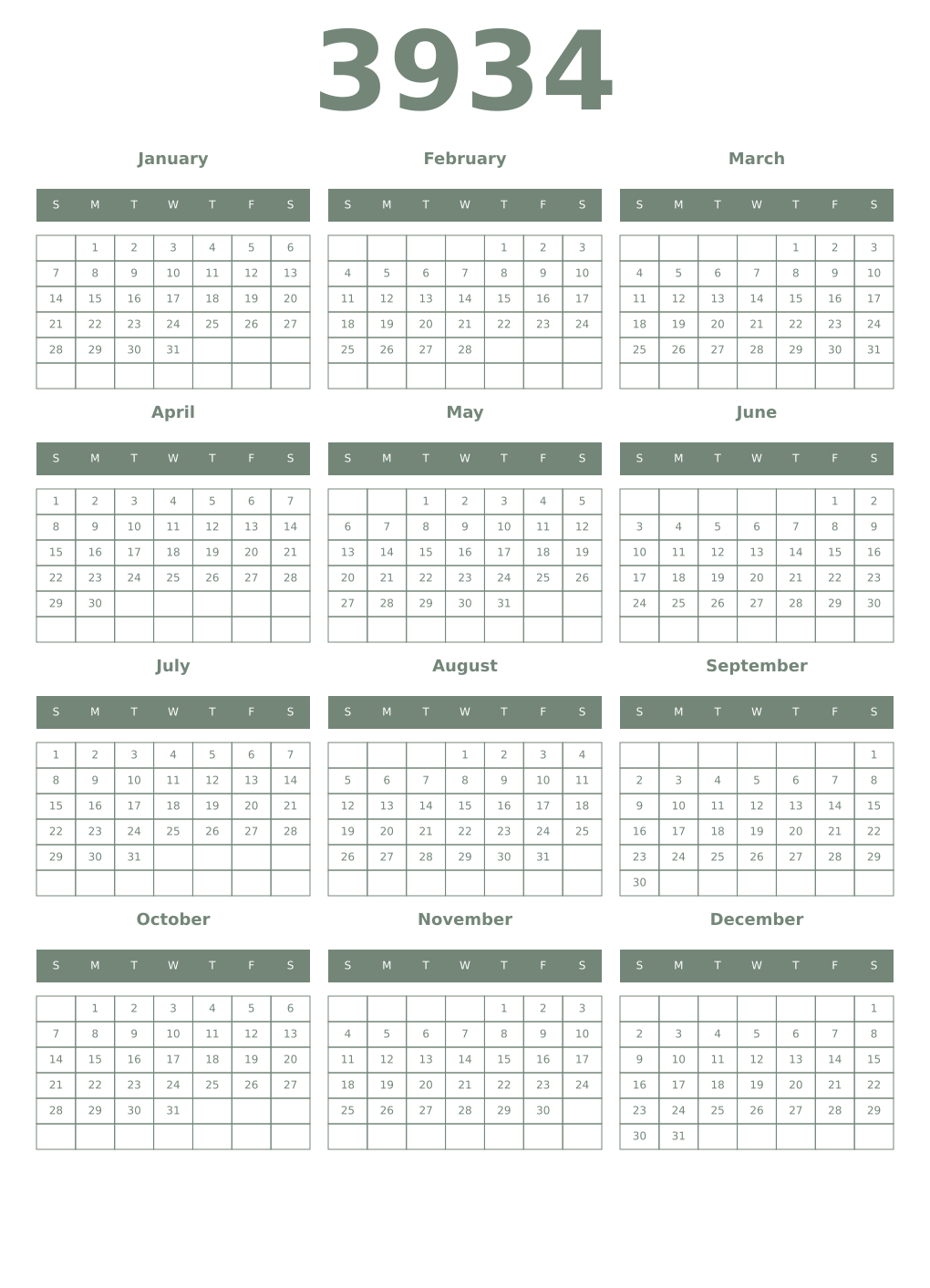Printable 3934 Year Calendars xanadu