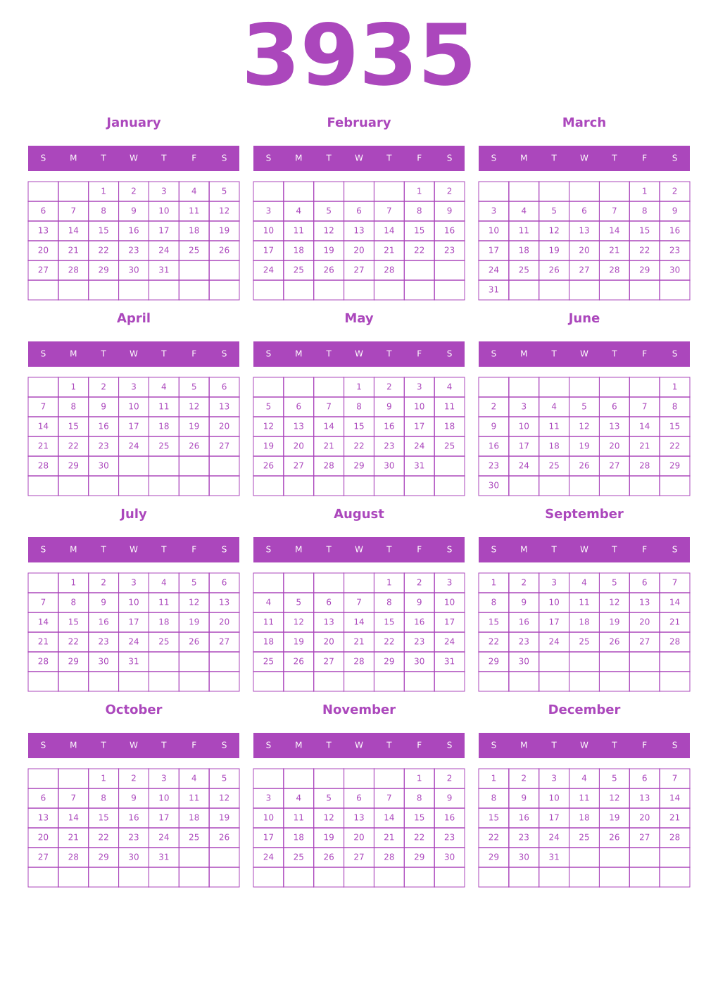 Printable 3935 Calendars