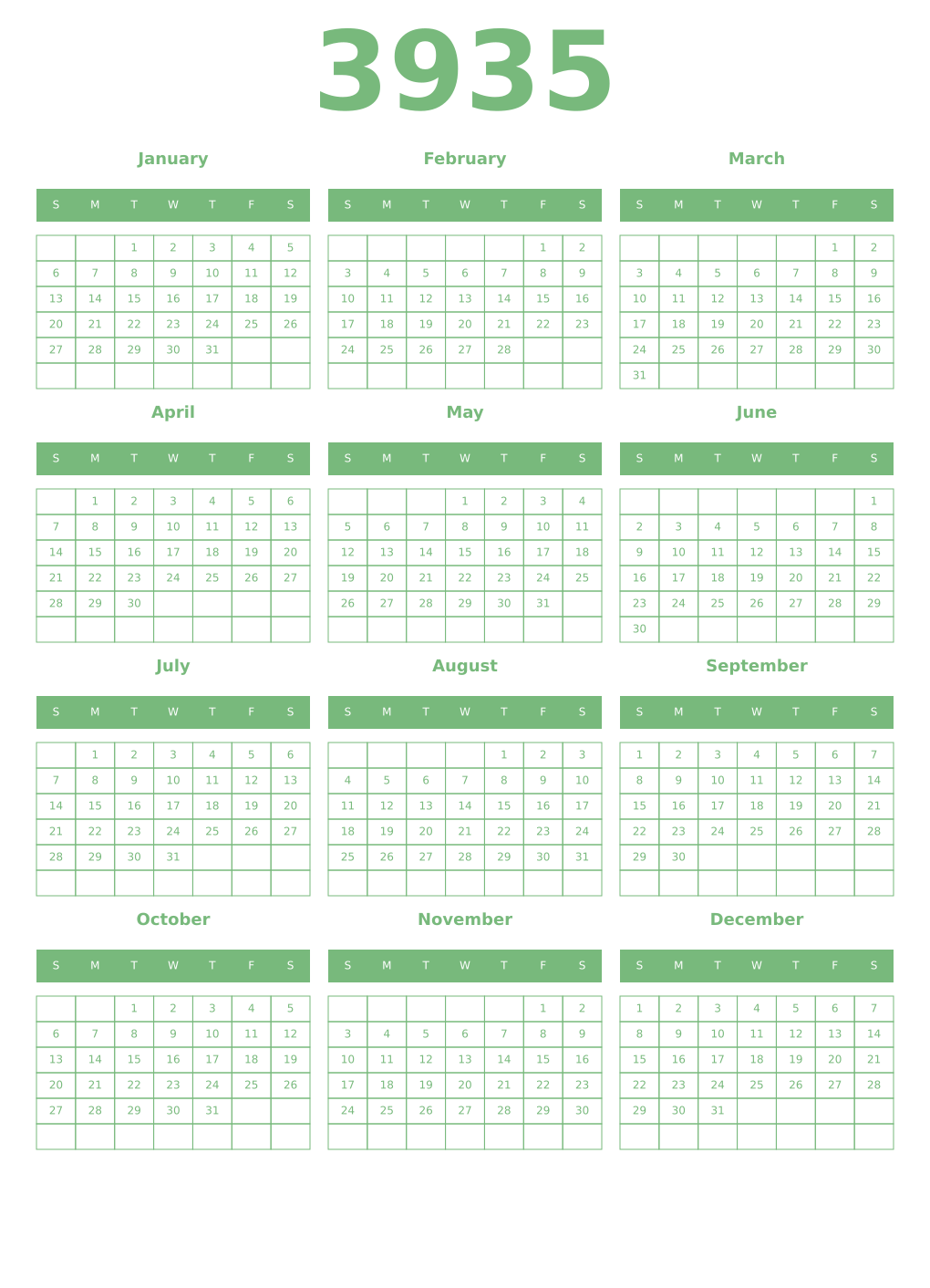 Printable 3935 Year Calendars celadon