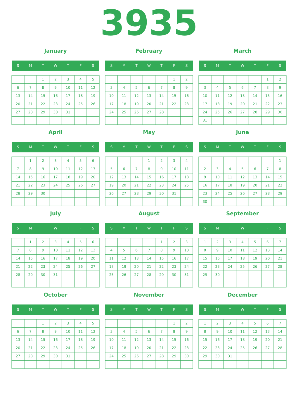 Printable 3935 Year Calendars green