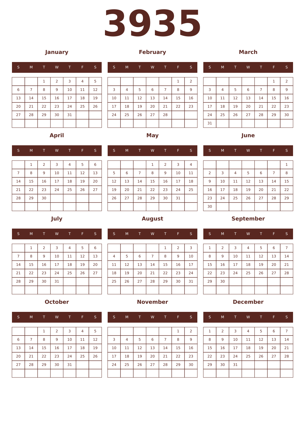 Printable 3935 Year Calendars mortuum