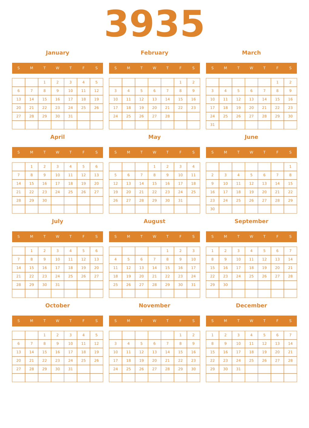 Printable 3935 Year Calendars orange