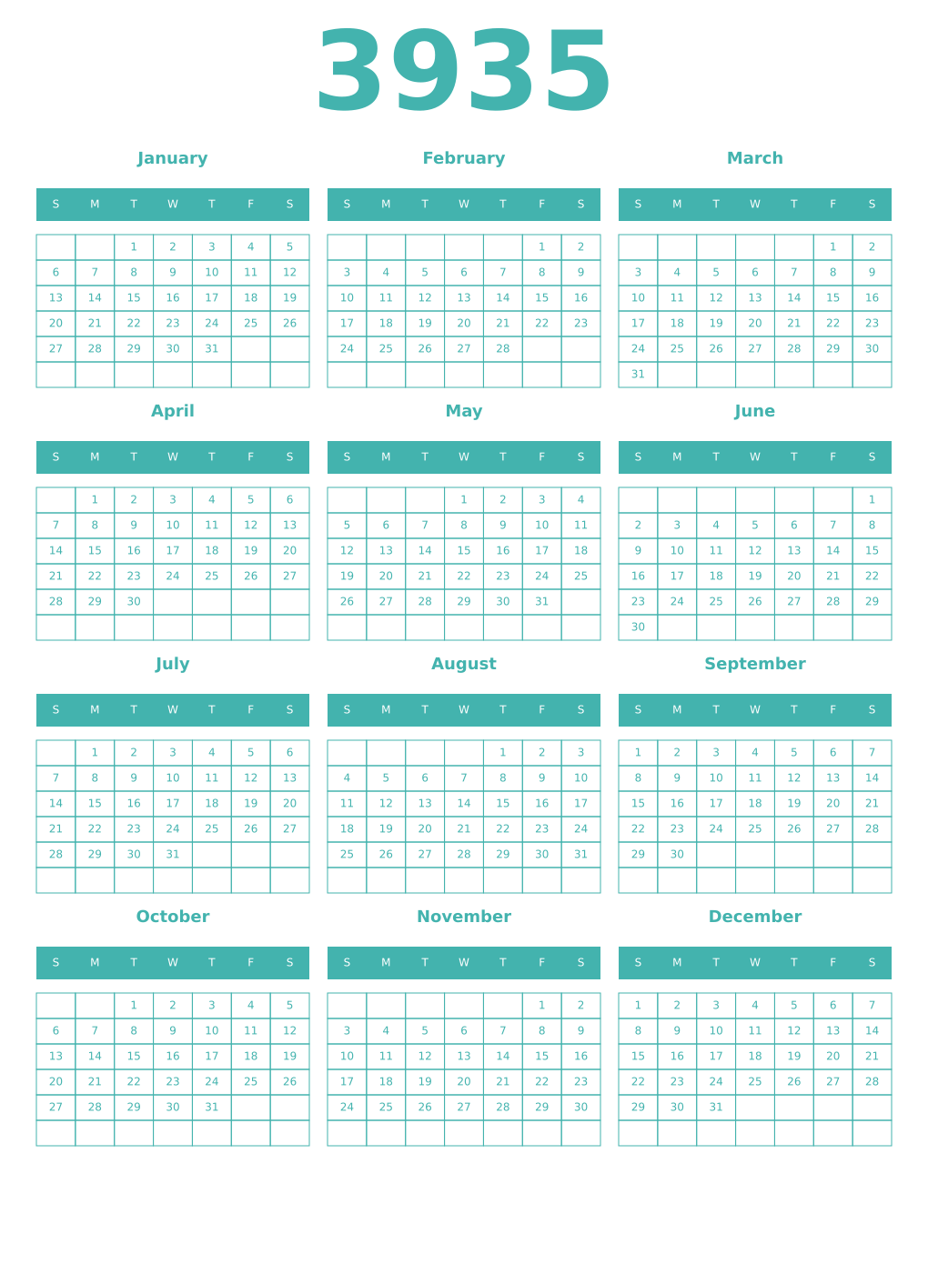 Printable 3935 Year Calendars verdigris