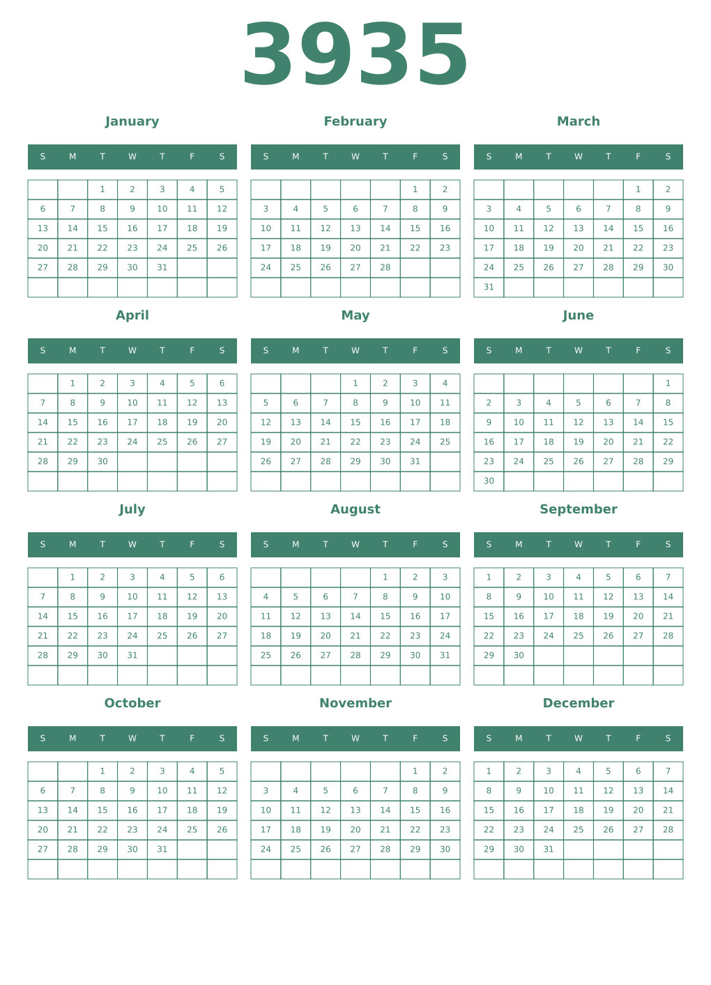 Printable 3935 Year Calendars viridian