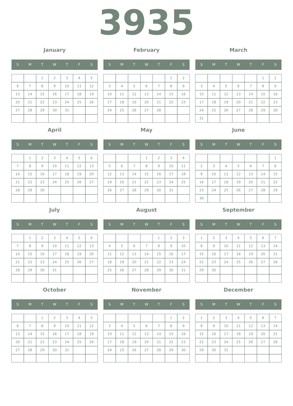 Printable 3935 Year Calendars xanadu