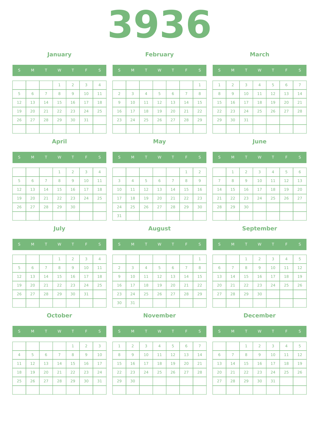 Printable 3936 Year Calendars celadon