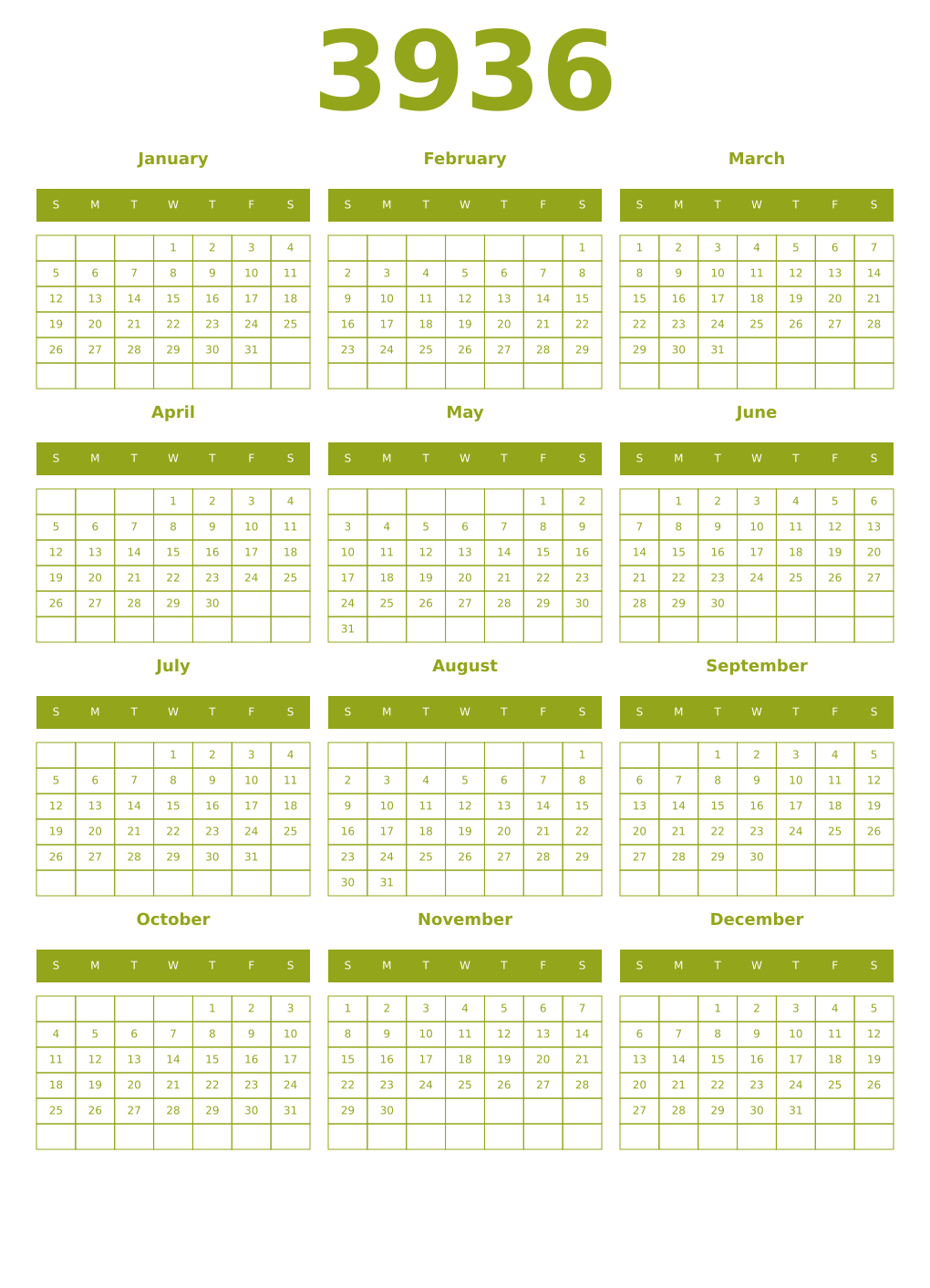 Printable 3936 Year Calendars chartreuse
