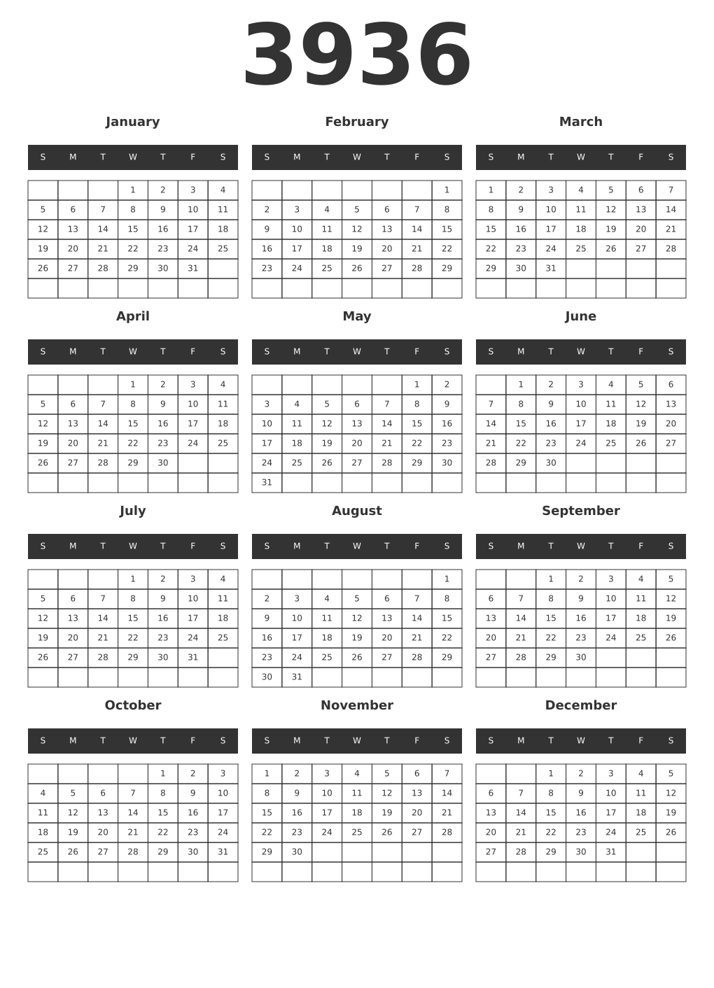 Printable 3936 Year Calendars dark