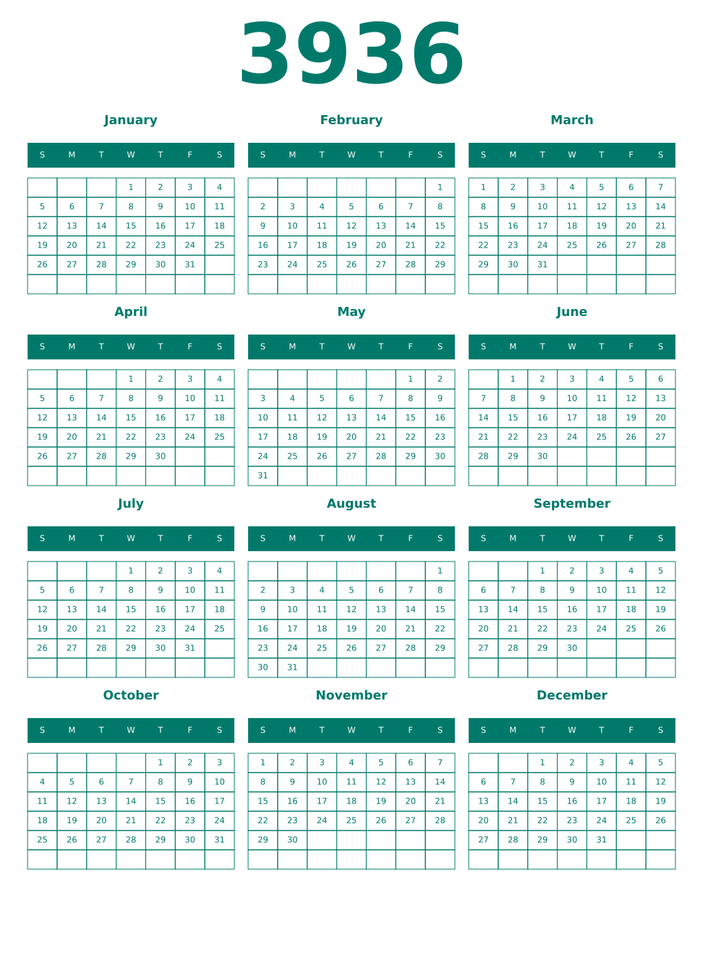 Printable 3936 Year Calendars pastel